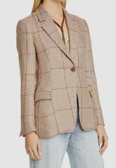 $3495 Brunello Cucinelli Women Brown Plaid Linen Monili Jacket Blazer EU 40/US 4 Description BRUNELLO CUCINELLI Prince of Wales Linen Blazer - Beige brown A menswear-inspired blazer patterned in traditional glen plaid is lightened up for warmer weather in breathable Italian linen. Pop the collar to prep up the look and reveal shimmering monili beading. One-button closure Notched lapels Four-button cuffs Chest welt pocket; front flap pockets Back vent Belt shown sold separately Partially lined 10 Fall Tweed Jacket With Concealed Placket, Tailored Tweed Jacket With Hidden Button Closure, Brunello Cucinelli Women, Blazer Pattern, Blazer Beige, Glen Plaid, Brown Plaid, Menswear Inspired, Prince Of Wales