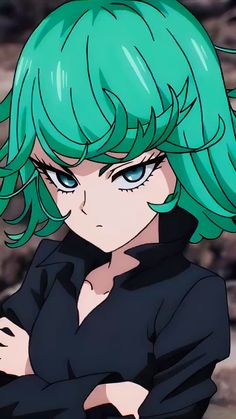 an anime character with green hair and blue eyes looking at the camera while standing in front of rocks