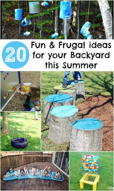 several different pictures with the words fun and frugal ideas for your backyard this summer