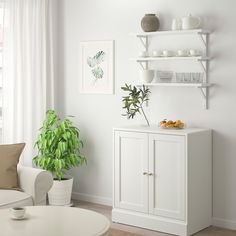 a living room filled with furniture and a potted plant on top of a table