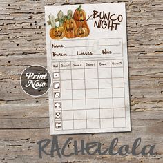 a printable pumpkin themed halloween party game with the words, bunco night on it