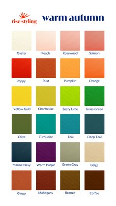 the color chart for warm autumn, with different shades and colors in each one section