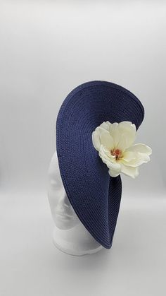 Magnolia Elegant Navy Fascinator Kentucky Derby Hat | Etsy Elegant Navy Hat For Evening, Elegant Navy Hats With Curved Brim, Formal Summer Hat With Flower Shape, Elegant Navy Hat With Curved Brim, Formal Summer Hat With Flower Design, Elegant Navy Wide Brim Hat, Navy Formal Hat With Curved Brim, Navy Curved Brim Formal Hat, Navy Party Hat For Kentucky Derby