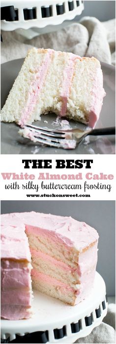 the best vanilla cake with fluffy buttercream frosting is cut in half and ready to be eaten