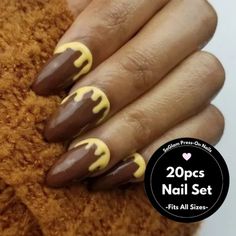 There's Nothing Sweeter Than Melanin Honey! Celebrate Your Beautiful Brown Skin With Our Popular Melanin Pride Press-On Nail Set. These Set Of Press-On Nails Are Handmade Using Gel Polish Cured With Uv/Led Light. : Style: Medium Stilleto Color: Brown And Yellow Set Includes 20 Pcs Nail & A Prep Kit . Handmade With Love, Never Worn! Nail Glue Contains A Generous Amount & Honey Brown Nails Acrylic, Brown Blooming Nails, Yellow Press On Nails, Light Brown Press On Nails, Brown Party Mules With 4-inch Heel, Uv Led, Brown Skin, Glue On Nails, Gel Polish