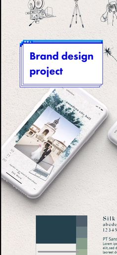 an image of a cell phone with the text brand design project on it and two images of people standing in front of them