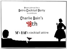 a poster advertising a cocktail party for charlie rain's 10th birthday, with the silhouette of a man and woman