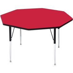 a red octagonal shaped table with metal legs