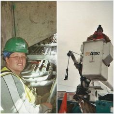 two pictures side by side, one with a worker on top and the other with a machine