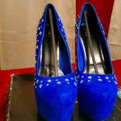 Beautiful Royal Blue With Rhinestone High Platform Heels. Closet In Rotation. Only Tried On Never Worn. Blue Heels With Rhinestones And Round Toe, Blue Party Heels With Rhinestones, Blue Pointed Toe Heels With Rhinestones, Blue Rhinestone Pointed Toe Heels, Heels Closet, High Platform Heels, Platform High Heels, Platform Heels, Royal Blue