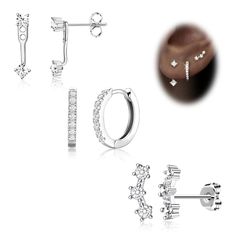 PRICES MAY VARY. Silver Earrings Set: Three silver earrings perfect for completing any look with effortless elegance. Whether it's the classic Small Huggie Hoop, the intricate Ear Jacket, or the delicate Ear Climber, each piece adds a touch of sparkle, making you shine on every occasion! Quality Material: Our silver earrings set are made of brass with high quality 925 sterling silver posts, Lead-free and nickel-free, 100% hypoallergenic which is the best choice for sensitive ears. High quality w Silver Earrings Set, Earring Stack, Ear Climber, Silver Jewelry Earrings, Ear Jacket, Gold Stud Earrings, Hypoallergenic Earrings, Effortless Elegance, Gold Stud