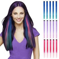 Colored Hair ExtHomelove 15 Pcs Colored Hair Extensions,Multi-Colors Straight Hair Extensions Clip in Synthetic,Party Highlights Halloween Cosplay Christmas New Year Gift for Women Kids Girls-3 Color. 3 colors(5 x Purple,5 x Magenta,5 x Blue); 15 in total. Length: Approx 19.5 Inches.Can be Curled and Straightened. Premium Material, Colorful clip in hair extensions are made of high quality synthetic fiber, soft, light and super smooth. Size: 19.5".  Gender: female. Hair Dye For Kids, Washable Hair Dye, Washable Hair Color, 2nd Day Hair, Hair Extensions Clip, Extensions Clip In, Colored Hair Extensions, Hair Tinsel, Straight Hair Extensions