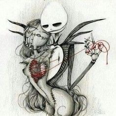 a drawing of a skeleton hugging a woman with scissors in her hand and the words love is