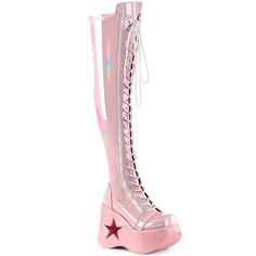 5 Inch Platform DYNAMITE-300 Baby Pink Holo Demonia Boots Holographic, Stretch Thigh High Boots, Goth Boots, Single Sole Heels, Demonia Shoes, Festival Shoes, Catty Noir, Dr Shoes, Punk Boots