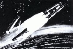 an old black and white photo of two rockets flying in the night sky above earth