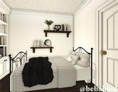 a bed room with a neatly made bed and shelves