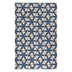 a blue and white rug with an intricate design on the front, in different colors