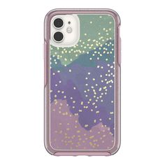 the back of an iphone case with gold dots on purple and teal watercolor background