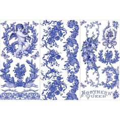 four blue and white wallpapers with cherubs