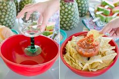 two pictures showing the process of making salsa and nachos in a red bowl