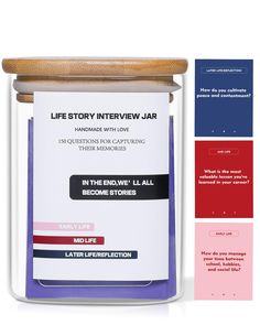 a jar with some writing on it next to an ad for the book, life story interview