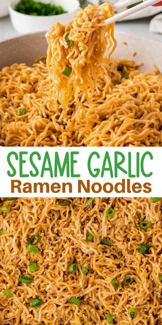 sesame garlic ramen noodles in a pan with chopsticks