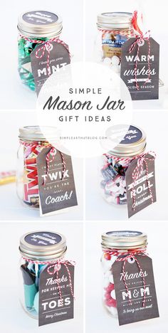 six mason jar gift ideas with labels on them