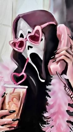 a painting of a woman in pink and black holding a cell phone to her ear