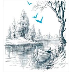 a boat on the river near a tree and birds flying over it, in black and white