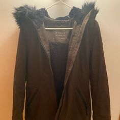 Size Small Great Condition Has Fur Inside No Rips Or Stains Calvin Klein Casual Outerwear For Cold Weather, Calvin Klein Black Cold Weather Outerwear, Calvin Klein Outerwear For Cold Weather In Fall, Calvin Klein Outerwear For Fall Cold Weather, Calvin Klein Black Outerwear With Pockets, Calvin Klein Fall Outerwear For Cold Weather, Calvin Klein Black Spring Outerwear, Calvin Klein Long Sleeve Fall Outerwear, Calvin Klein Brown Outerwear For Fall