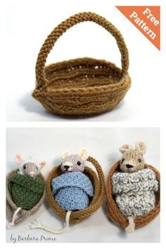 three crocheted baskets with mice in them