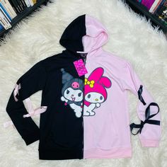 "Brand New" Sanrio My Melody Kuromi Split Hoodie China / 85% Polyester, 15% Cotton Size: Small Measurements: Pit To Pit: 20" / Back Collar To Bottom Hem: 24" /Sleeve: 27" Pink Harajuku Hoodie, Pink Harajuku Hoodie Outerwear, Harajuku Pink Hoodie Outerwear, Black Harajuku Hoodie For Spring, Cute Pink Outerwear For Streetwear, Pink Harajuku Hooded Sweatshirt, Pink Harajuku Style Hooded Sweatshirt, Pink Harajuku Hoodie With Drawstring, Harajuku Style Pink Hooded Top