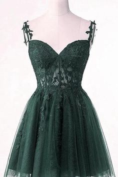 V-Neckline Dark Green Tulle With Lace Short Homecoming Dress