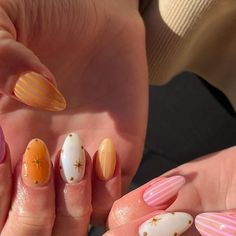 JENNA KELLY | Utah Nail Artist on Instagram: "the BEST nail sets are the ones you throw together & end up turning out to be your FAV ! 🩷⭐️✴️✨  @kenncarn I swear everytime we do your nails, we say “okay this is my favorite set we’ve done” hehe ily  @haha_nails_products fruit loop cuticle oil   #blushbeautyandco #utahnails #utahnailtech #ogdennails #ogdennailtech #nailinspiration #nailinspo #nailinstagram #boycottboringnails #auranails #starnails #stripednails #stripednailart #summernails #summernailart #springnails #hardgelnails #luminarynails #naturalnailsonly #nailart #nailartaddict #nailartclub #nailartdesign #handpaintednails #pinknails #orangenails #trendingnails #trendingnailart" Jenna Kelly, Nail Kawaii, Nails Products, Hard Gel Nails, Nail Art Stripes, Hello Nails, Fall Acrylic Nails, Nail Sets