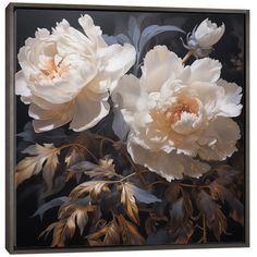 two white flowers with leaves on a black background framed canvas wall art print by panoramic images