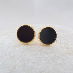 Genuine Black Onyx 9mm Round Flat Stud Micron Gold by BaniThani Black Stud Earrings Women, Minimalist Earrings With Polished Finish As Gift, Minimalist Polished Earrings As Gift, Minimalist Polished Earrings For Gifts, Minimalist Polished Round Earrings, Minimalist Round Earrings With Polished Finish, Minimalist Round Plug Earrings As Gift, Round Earrings With Polished Finish For Gift, Classic Nickel-free Round Plug Earrings