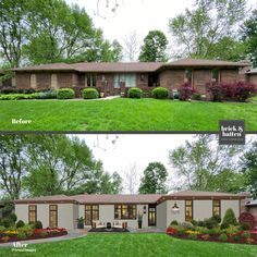 before and after pictures of a home in the suburbs, with landscaping on both sides