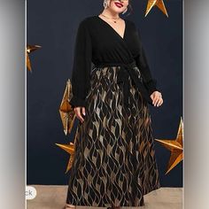 Women’s Plus Size Evening Dress, Maxi, Black & Gold, Long Sleeve, V-Neck Xl Wedding Guest Dress Long, Gold Satin Dress, Plus Size Evening Dress, Dress Black Long Sleeve, Wedding Guest Dresses Long, Party Dress Wedding, Autumn Fabric, Party Dresses Online, Dress Wedding Guest