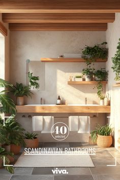 a bathroom with plants and towels on the shelf above the bathtub is shown in this ad