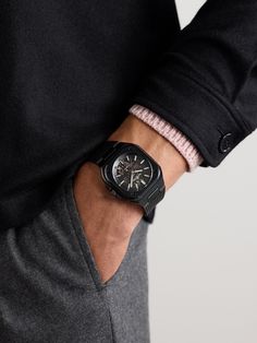 This 41mm version of Bell & Ross' recognisable 'BR 05' watch is designed to slot effortlessly into a modern lifestyle. It's been assembled by hand in Paris from sleek black ceramic that's lightweight, yet hardwearing and resistant to scratches and detailed with Super-LumiNova® hands and indices that are visible in the dark. Observe the working intricacies of the automatic calibre BR-CAL.322-1 movement through the skeletonised dial. For warranty information, please refer to details & care Modern Black Watch With Rotating Bezel, Black Watch With Rotating Bezel, Bell And Ross Watch, Black Automatic Outdoor Watch, Bell Ross Br05 Gmt, Mens Designer Watches, Bell Ross, Tom Ford Bag, Bell & Ross