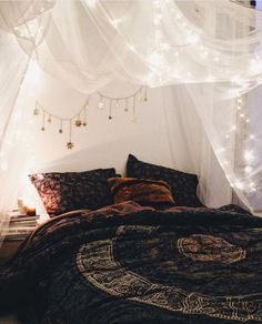 a bed with a canopy over it that has lights strung from the ceiling above it