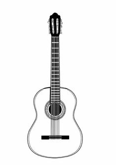 a black and white drawing of an acoustic guitar, with the frets facing upwards