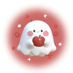 a white ghost with a red heart in its mouth on a pink and white background