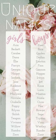 a table with flowers on it and the words girls names written in pink letters above them