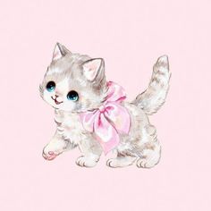 a drawing of a kitten with a pink bow on it's neck and eyes