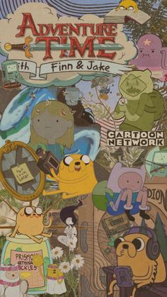 an advertisement for adventure time with finn and lake on the front cover, surrounded by cartoon characters