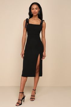 Romantic Celebration Black Tie-Strap Bodycon Midi Dress