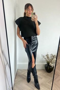 Make a statement in this sleek and sassy Brielle Pu Midi Skirt! Crafted of vegan PU leather, this midi-length skirt with a daring split in the centre will turn heads. A must-have for your autumn wardrobe! Model is 5 ft 6 and wears a size 6. 100% Polyester. Leather Midi Skirt Outfit, Leather Mini Skirt Outfit, 30th Birthday Outfit, Bar Outfits, Midi Skirt Outfit, Autumn Wardrobe, Leather Midi Skirt, Miniskirt Outfits