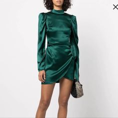 Like New, Sexy As Hell! Chic Green Bodycon Evening Dress, Silk Mini Dress For Night Out In Fall, Chic Green Mini Dress For Dinner, Green Satin Bodycon Evening Dress, Silk Mini Dress For Fall Party, Elegant Green Satin Bodycon Dress, Fitted Silk Mini Dress For Fall, Blue Gingham Dress, Red Ruffle Dress