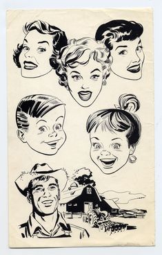 an old drawing of four people with different facial expressions and hair styles, from the 1950's